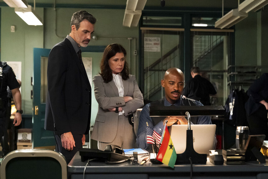 Det. Vincent Riley (Reid Scott), Lt. Jessica Brady (Maura Tierney), and Det. Jalen Shaw (Mehcad Brooks) in Law & Order Season 24, Episode 2.