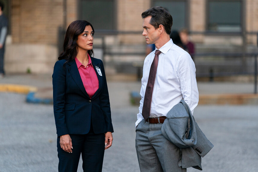 Nolan Price and Samantha Maroun talk outside on law and order Season 24 Episode 4