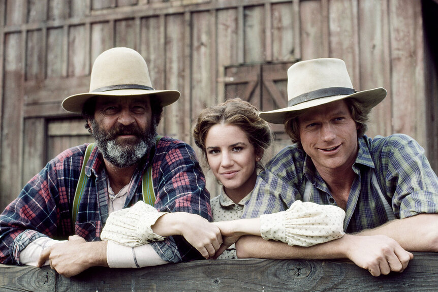 Victor French as Isaiah Edwards, Melissa Gilbert as Laura Elizabeth Ingalls Wilder, Dean Butler as Almanzo James Wilder in Little House on the Prairie.