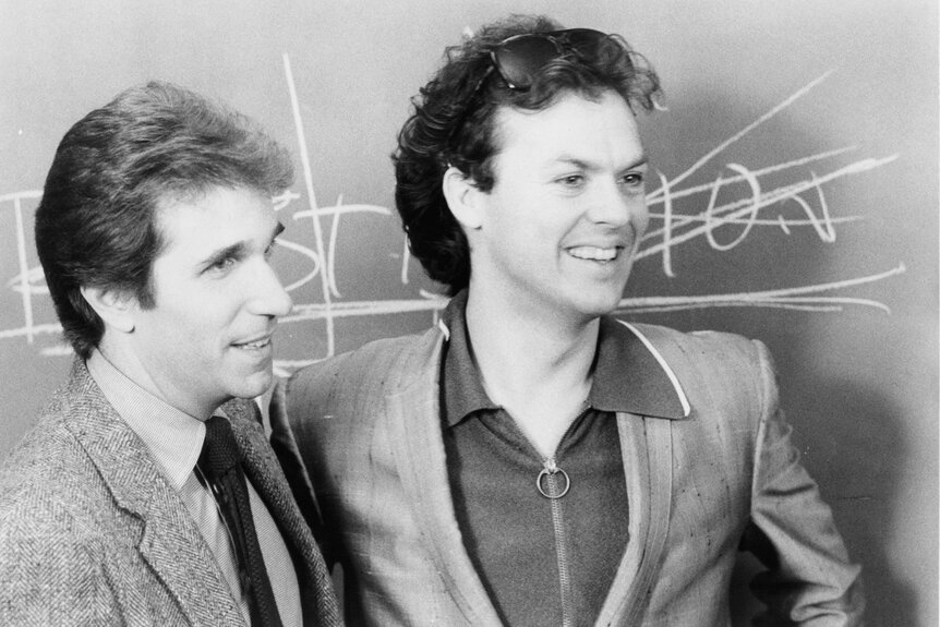 Henry Winkler and Michael Keaton in a scene from the film 'Night Shift', 1982.