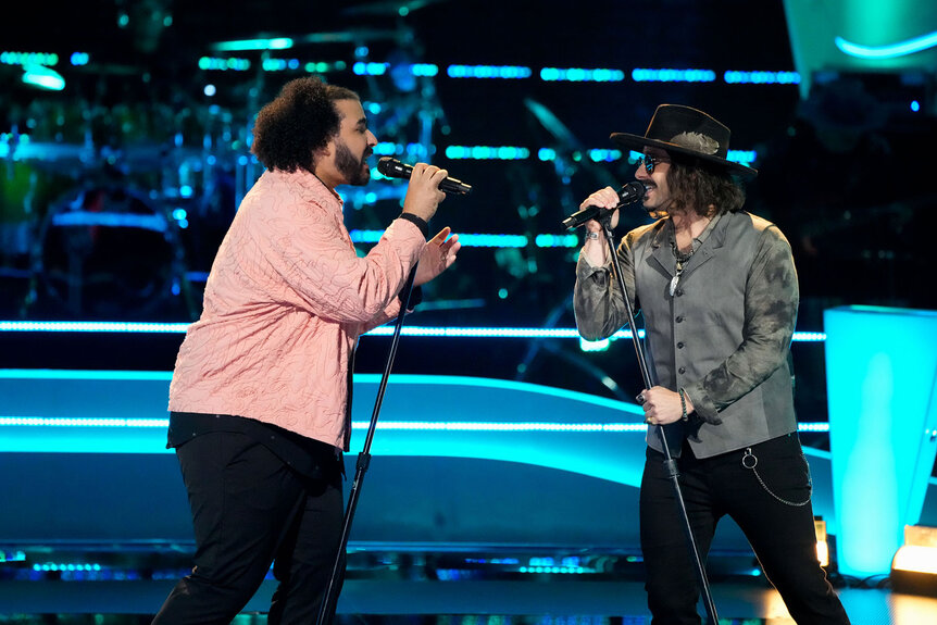 Adam Bohanan and Kevin James Graham perform during Season 26 Episode 8 of The Voice