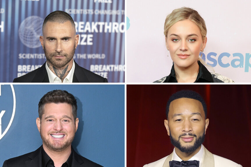 A split of Adam Levine, Kelsea Ballerini, Michael Buble and John Legend