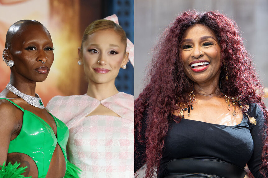 A split of Ariana Grande, Cynthia Erivo, and Chaka Khan.