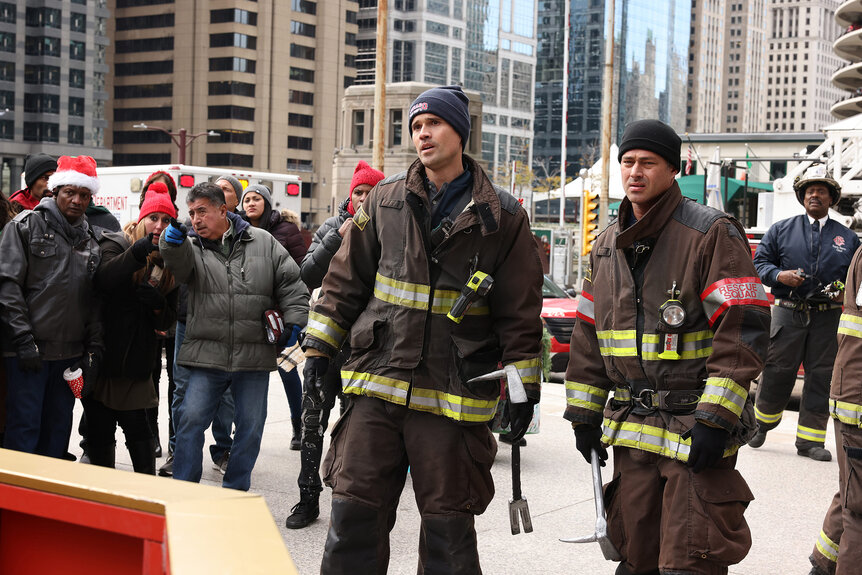 Jason Pelham (Brett Dalton) stands next to Kelly Severide (Taylor Kinney) in Chicago Fire Season 10 Episode 9