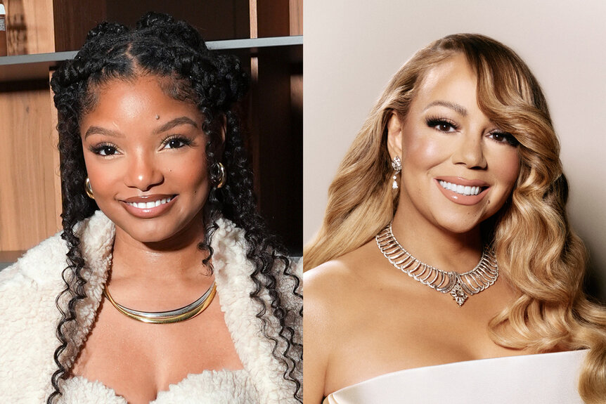 Split of Halle Bailey and Mariah Carey both wearing white dresses