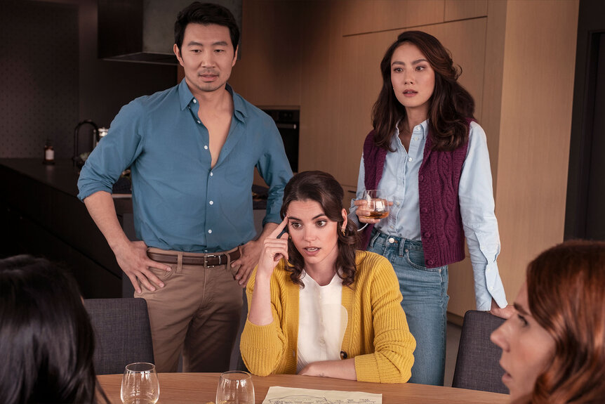 Simu Liu as Philippe, Francesca Reale as Beth, and Adeline Rudolph as Jordana in Season 1 Episode 3 of Laid.