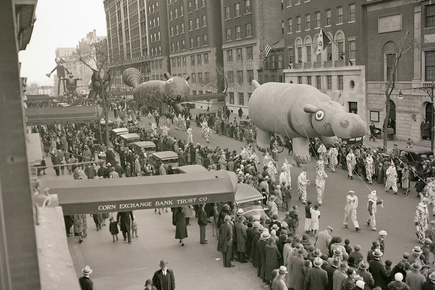 View of Macy's Thanksgiving Day Parade on Broadway in 1931.