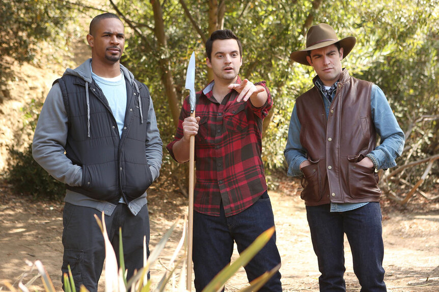 Coach (Damon Wayans Jr.), Nick (Jake Johnson), and Schmidt (Max Greenfield) appear in Season 3 Episode 10 of New Girl.