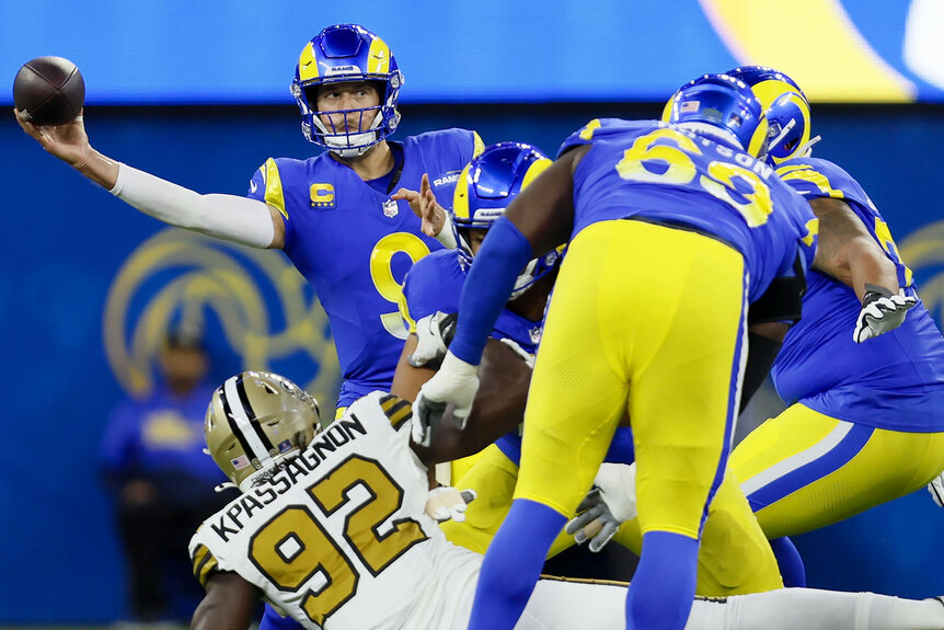 Rams quarterback Matthew Stafford throws a pass during play against the New Orleans Saints