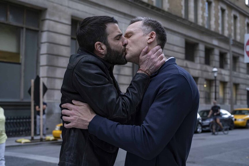 Dr. Josh Nicols (Teddy Sears) and Dr. Oliver Wolf (Zachary Quinto) kiss in Brilliant Minds Episode 107.