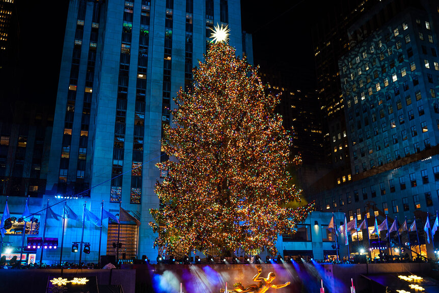 Rocketfeller Center Christmas tree is illuminated during the 90th Annual Rockefeller Center Christmas Tree Lighting Ceremony in 2022