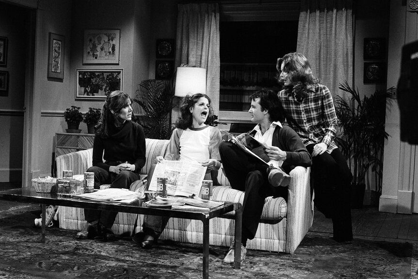 Carrie Fisher Gilda Radner and Bill Murray during a sketch on Saturday night live Season 4 Episode 6