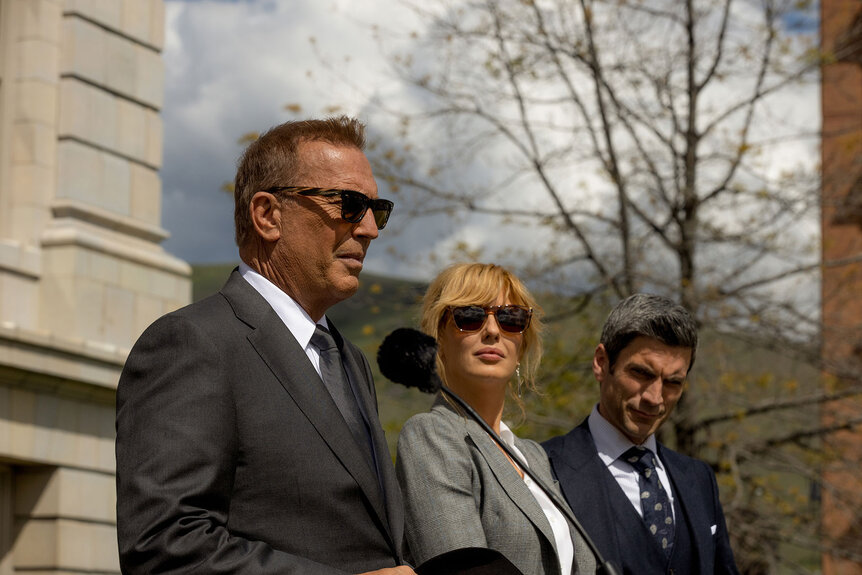 John Dutton (Kevin Costner) Beth Dutton (Kelly Reilly) and Jamie Dutton (Wes Bentley) appear in Season 5 Episode 1 of Yellowstone.