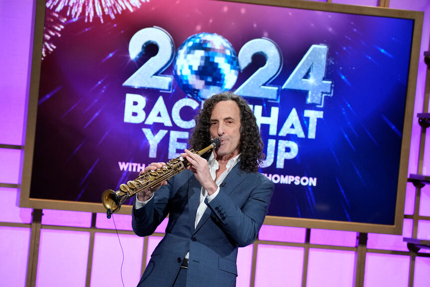 Kenny G playing a saxophone on the set of 2024 Back That Year Up.