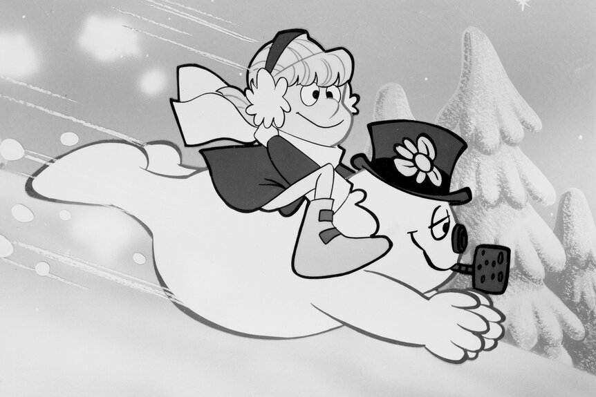 a still from Frosty The Snowman of karen the little girl riding frostys back