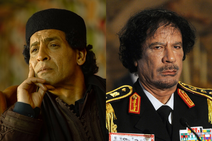 A side-by-side comparison of Nabil Al Raee as Colonel Gaddafi in Lockerbie and the real Muammar Gaddafi.