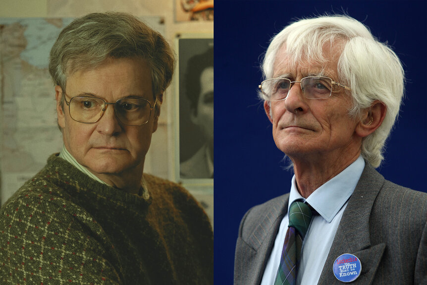 A side-by-side comparison of Colin Firth as Jim Swire in Lockerbie and the real Jim Swire.