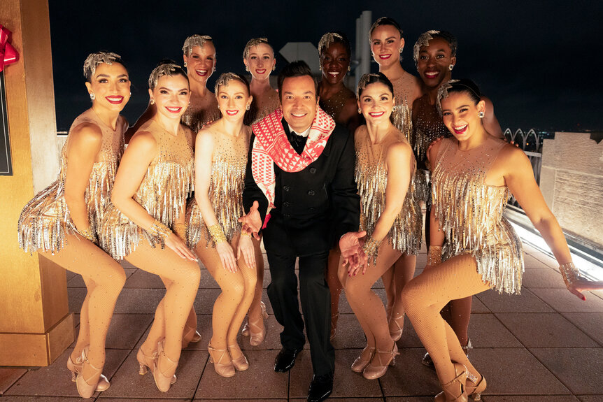 Jimmy Fallon with the The Rockettes on a rooftop