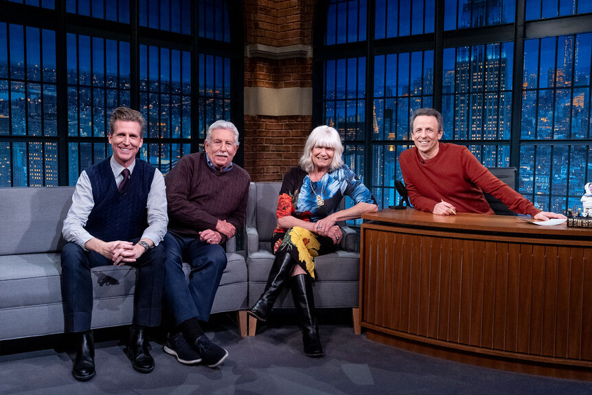 Josh Meyers, Larry Meyers, Hilary Meyers and host Seth Meyers on Late Night with Seth Meyers on November 28, 2024.