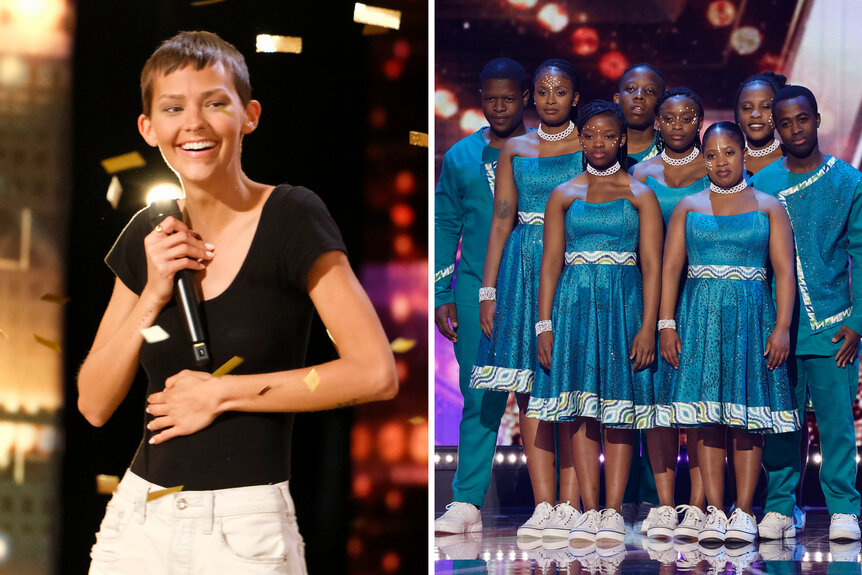 A split of Nightbirde and Mzansi Youth Choir on America's Got Talent