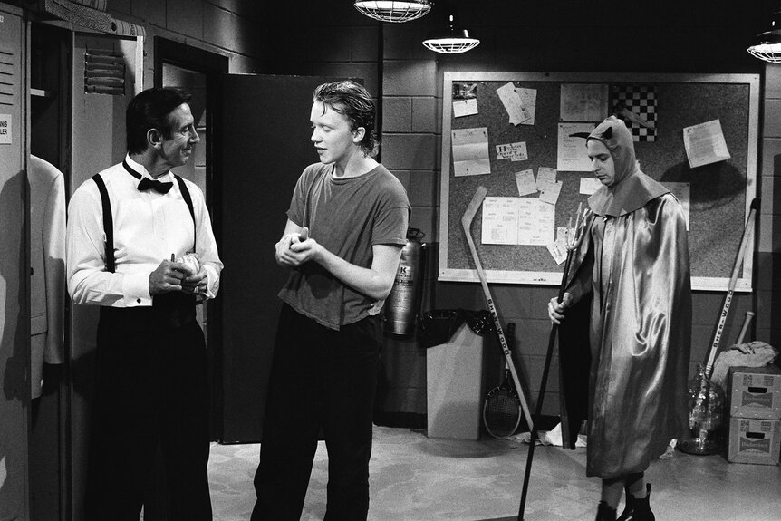 Billy Martin Anthony Michael Hall and Jon Lovitz during a sketch on Saturday Night Live Season 11