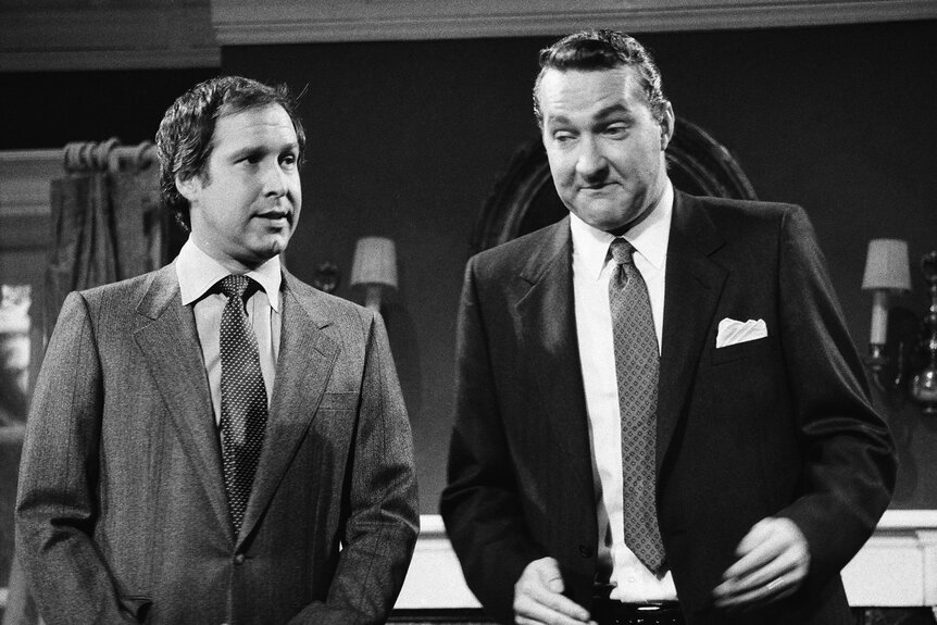 Chevy Chase and Randy Quaid during a sketch on Saturday Night Live Season 11