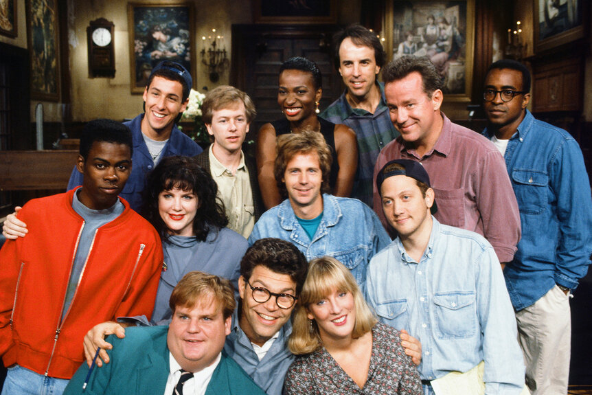 The cast of Saturday Night Live Season 18 pose together during a press conference