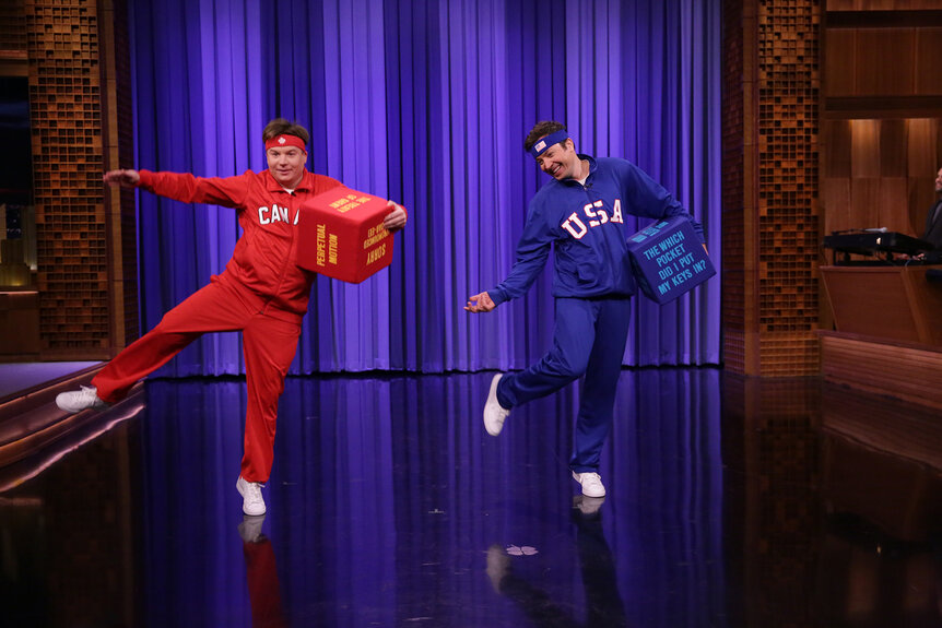 Mike Myers and jimmy fallon dance together on the tonight show starring Jimmy Fallon