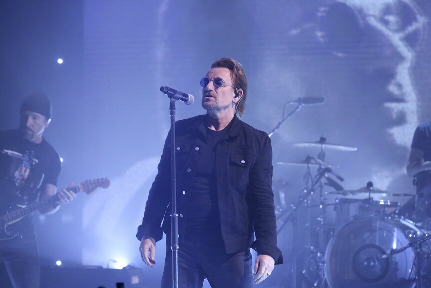 The Edge and Bono of U2 perform onstage on The Tonight Show Starring Jimmy Fallon Episode 0732.