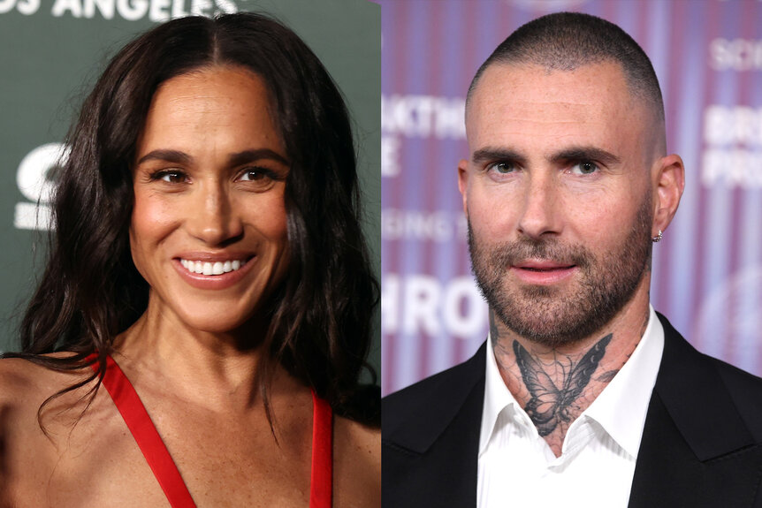 A split featuring Meghan Markle and Adam Levine.